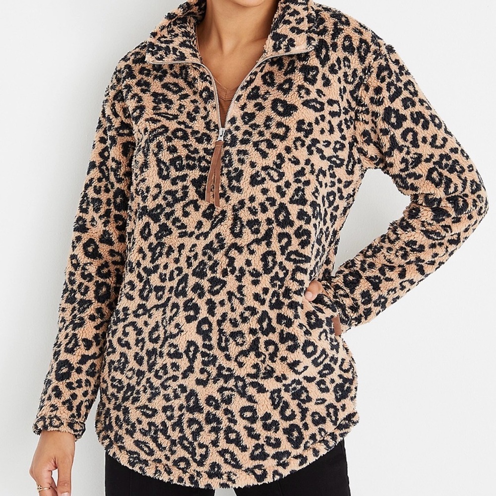 Leopard Quarter Zip Sherpa Sweatshirt L